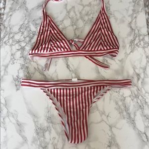 Red and white striped bikini